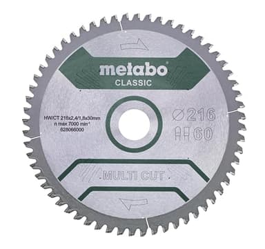Metabo Sägeblatt "multi cut - classic", 216x2,4/1,8x30, Z60 FZ/TZ, 5°neg. (628066000) Durchmesser x Schnittbreite x Bohrung: 216 x 2.4 x 30 mm, Material: HW/CT, Zähnezahl: 60