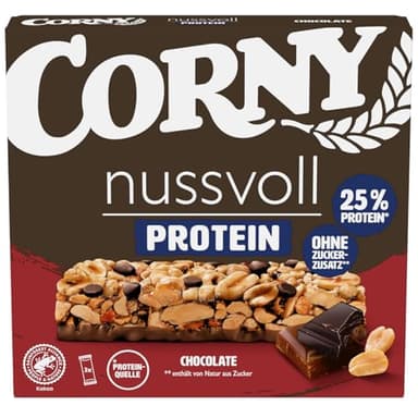Corny Nussvoll Protein Chocolate | Nussriegel & Proteinriegel ohne Zuckerzusatz | Mit 38% Nüssen & 25% Eiweiß | 3 x 35 g