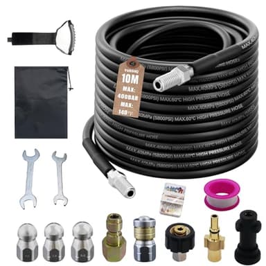 Rohrreinigungsschlauch Set 10m, 400 bar 140°C, mit Adapter und Düsen, Universal Rohrreinigungsset, Kompatibel mit Kärcher k2-k7, Bosch Hochdruckreiniger, für Verstopfung und Reinigung des Abflusses