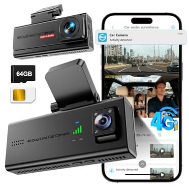 Dashcam Auto, Veralyxa 4G Dash Cam Auto Kamera ohne WLAN mit SIM Karte, 64GB-Karte, Dashcam mit Parküberwachung, App-Echtzeitanzeige, Bewegungserkennung, Kollisionserkennung, 2-Wege Talk, 170°-Ansicht