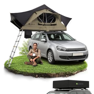 Juskys Autodachzelt Lago 120 x 210 cm - UV-Schutz & Wasserdicht - Matratze & LED-Beleuchtung - Camping & Outdoor - Teleskopleiter - Schwarz/Khaki