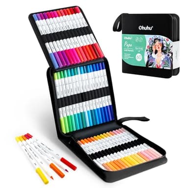 Ohuhu Filzstifte Paper-Friendly, 60 Farben Marker auf Wasserbasis, Doppelspitzige Filzstifte Set für Erwachsene, Anfänger, Kalligraphie Skizze Journal, Geruchlos & Nicht Blutend, Pupe-Serie