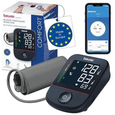 Beurer BM 48 Oberarm Blutdruckmessgerät, einfache Ein-Knopf-Bedienung, sanfte & schnelle Messung, Arrhythmie-Erkennung, Manschette für 22-42 cm, mit App, Datenübertragung zu Apple Health und co.