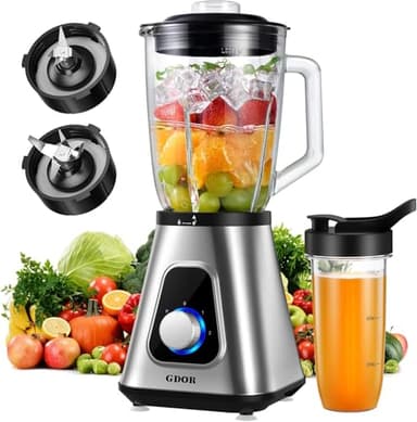 GDOR 1200W Smoothie Maker 2-1 Standmixer Glas mit 1,5L Glaskrug und 650ml Reisebecher 3 Geschwindigkeiten Blender Professionell Mixer Hochleistungsmixer für Smoothies Shakes Gefrorene Getränke Saucen