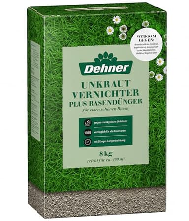 Dehner Unkrautvernichter plus Rasendünger, Unkrautvernichtungsmittel mit stärkendem NPK-Volldünger, Langzeitdüngung, 8 kg, für ca. 400 qm, 400 m²