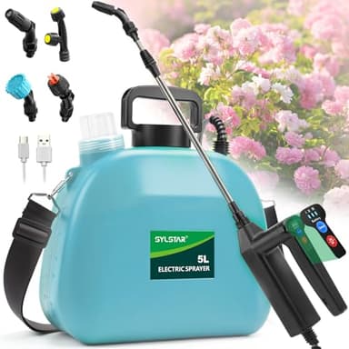 SYLSTAR Drucksprüher 5 Liter, 7.4V Stärkerer Akku Drucksprüher mit 4 Verstellbaren Düsen,3 Sprühgeschwindigkeiten Elektrischer Pflanzensprüher und 60cm Teleskopstab für Gartenspritze Unkrautspritze