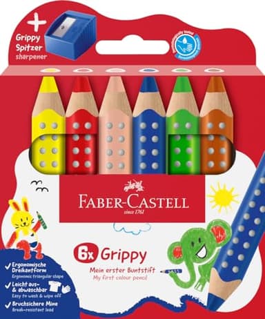 Faber-Castell 110635 Set Grippy, 6 Jumbo Buntstifte für Kleinkinder, leicht abwaschbare Malstifte für Kinder, ergonomische dreieckige Form, dicke Buntstifte, 10mm dicke Mine, Anspitzer Inklusive