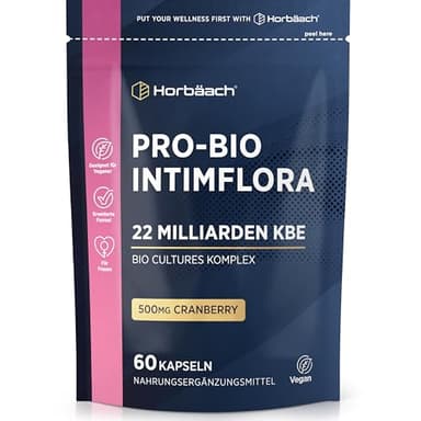 Kulturen Komplex für Frauen Intimflora 22 Mrd KBE | Kulturen Komplex mit Cranberry | für Intimflora und Darmflora | 60 Kapseln | 4 Stämme | Horbaach