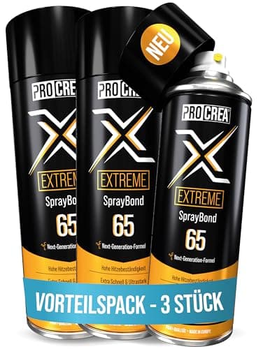 PROCREA® 3x Premium Sprühkleber "X65 Extreme" [Hitzebeständig bis 110°] Extra starker & schneller Industriekleber für Dachhimmel, Stoff, Schaumstoff uvm. - Kein Durchschlagen - Wasserfest