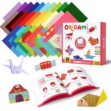 JoyCat 360 Blatt Buntes Origami-Papier für Kinder, 15x15cm 160 doppelseitiges Bastelpapier Origami Papier 20 Farben, 200 Übungspapiere 6 Aufkleber mit Anleitungs-Buch, für DIY Kunst und Bastelprojekte