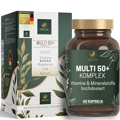 Vitactiv MULTI 50 plus - Multivitamin Komplex Menschen ab 50 - Vitamine, Mineralien, Spurenelemente - Vitamin B, C, E, K, D, Magnesium, Kalzium, Zink - Hochdosiert, Hormonfrei, ohne Jod - 60 Kapseln