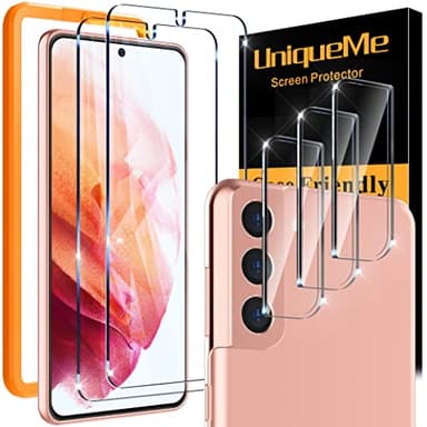 UniqueMe 5 Stück Schutzfolie für Samsung Galaxy S21 5G, Schutzglas mit Positionierhilfe 2 Stück Panzer Schutz Glas und 3 Stück Kameraschutz, 9H Härte, HD Displayschutz, Blasenfrei, Kratzfestigkeit