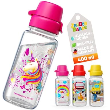 Zauberbande Trinkflasche Kinder auslaufsicher – Einhorn – 400 ml – Kinder Trinkflasche Kohlensäure geeignet, BPA-frei aus Tritan, spülmaschinenfest, Easy-Clean – Made in Germany