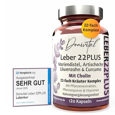 Mariendistel 22-fach Komplex - Testnote SEHR GUT - Leber-Kur-Kapseln 80% Silymarin - Mit Cholin für die Leber - Vitamine und Naturkräuter