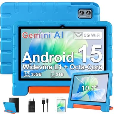 ZIOVO 2026 Neuestes Kinder Tablet 10 Zoll Android 15 mit 30GB RAM+TF 2TB, 5G WiFi, Widevine L1, Octa-Core, Gemini AI, Face ID, Kindersicherung, 1280*800, 6000mAh, BT 5.0, Kids Tablet mit Eva Case-Blau