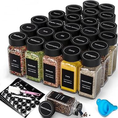 DIFULI Gewürzgläser Set aus 24 eckigen Gewürzdosen (120ml) – Ihr kompletter Gewürze Organizer mit Deckel, Streueinsatz (Gewürzstreuer), Trichter, Sieb & 340 Etiketten | Gewürzbehälter & Spice