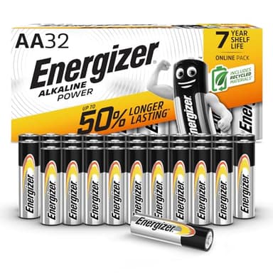Energizer Alkaline Power Batterien AA (32 Stück) - Hochleistungsbatterien 1,5V - Batterie für Haushalt und Büro - 100% plastikfreie Recycelbar Verpackung - 7 Jahre lagerfähig [Exklusiv bei Amazon]