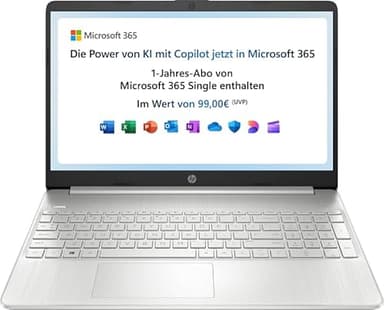 HP Laptop | 15,6" FHD Display | Intel Celeron N4500 | 4 GB DDR4 RAM | 128 GB SSD | Intel UHD Graphics | Windows 11 Home im S-Modus | QWERTZ Tastatur | Silber | inkl. Microsoft Office 365 Single