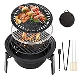 Premium Edelstahl Klappgrill mit Grillzubehör & Tragetasche | Tragbarer Holzkohlegrill für Camping, Garten, BBQ-Party | Inkl. Koreanischer Grillpfanne & Reinigungsset