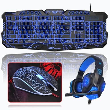 Rewurnth Gaming Tastatur und Maus Set mit Headset, QWERTZ DE Layout, Crack Beleuchtete Tastatur, 4 Farben LED Gaming Maus, Over-Ear Kopfhörer, Große Mausmatte, 4 in 1 PC Set für Mac PS5 Xbox