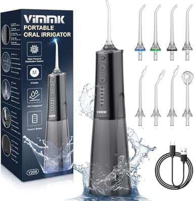 Munddusche Kabellos Elektrischer Zahnreiniger, Vimmk Zahndusche Water Flosser 5 Modi & 8 Düsen USB-C Wiederaufladbare Wasser Flosser IPX7 Wasserdicht, 300ML Wassertank Mund Reiniger(Schwarz)