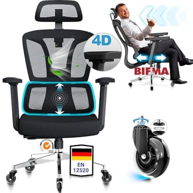 MELOKEA Bürostuhl Ergonomisch, 4D-Armlehnen, Verstellbare Sitztiefe, 4-Stufen Neigung, Gummirollen, Hohe Rückenlehne, Ergonomischer Lordosenstütze, Langes Sitzen, Homeoffice, Bürostuhl 200KG