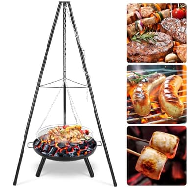 TLSUNNY Schwenkgrill mit Feuerschale, Dreibein Grill mit Feuerschale und 200 cm Höhenverstellbarer Kette, Ø68 cm Feuerkorb mit Griff, Outdoor BBQ Feuerstelle zum Grillen und Heizen