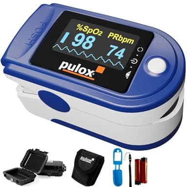 Pulsoximeter Pulox PO-200 Set in Blau zur Messung von Sauerstoffsättigung, Puls und PI am Finger inkl. Hardcase, Schutzhülle, Batterien und Trageband