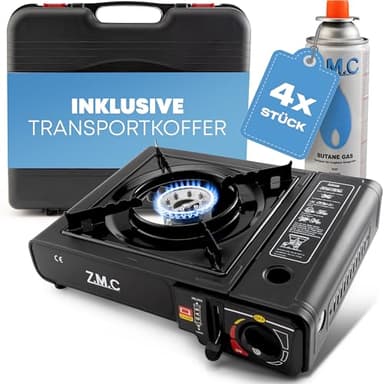 Z.M.C Gaskocher 1-flammig inkl. Adapter für LPG + Aufbewahrungskoffer + 4 Gaskartuschen 227g, Campingkocher für Outdoor und Innenraum, Campinggaskocher 2,2 kW mit Piezozündung