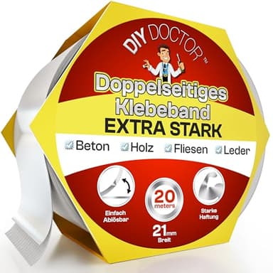 DIY Doctor Doppelseitiges Klebeband Extra Stark – Universelles Montageband für Haushalt, Büro & Werkstatt – 1 Rolle, 21 mm x 20 m – Starke Haftung, Rückstandsfrei Entfernbar