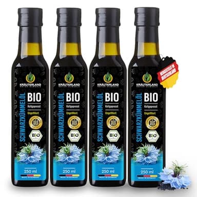 Kräuterland Bio Schwarzkümmelöl 4X250ml (1Liter), ungefiltert, hoher Thymoquinon, Omega Fettsäuren, ohne Zusatzstoffe, kaltgepresst, vegan, mild, mühlenfrisch aus unsrer hessischen Ölmühle