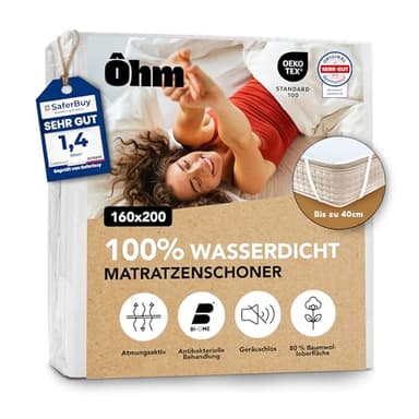 Matratzenschoner 160x200 cm | wasserdichte & Geräuschlose Matratzenauflage | Hypoallergene Baumwolle | Mit Elastikbändern an den 4 Ecken | Für Matratzen bis 40 cm Höhe | Anti-Milben | Oeko-TEX | Ôhm
