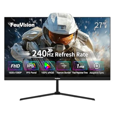 FeuVision 27 Zoll Gaming Monitor, 240Hz, FHD 1080p, PC Monitor, 1ms, IPS Panel, FreeSync, Adaptive-Sync, VESA montierbar, Eye-Care, 100% sRGB, Rahmenlos Bildschirm, HDMI*1, DP*1