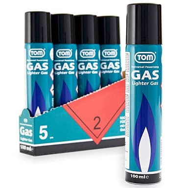 TOM 5 x Feuerzeuggas 100 ml Kartusche zum nachfüllen für Feuerzeug, Flambierbrenner, Sturmfeuerzeug, Stabfeuerzeug & Co. – mit 5 x Adapter – Lighter Gas –Nachfüllgas Blau