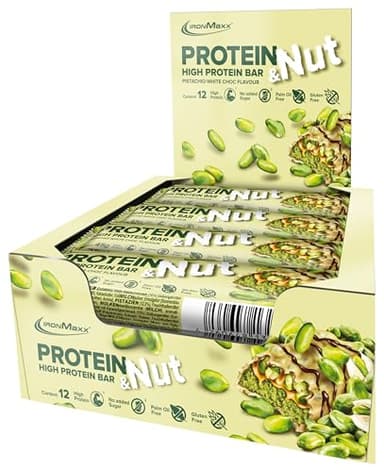 IronMaxx Protein & Nut Proteinriegel - Pistachio White Choc 12 x 45g | High-Protein-Bar mit echten Pistazien | Eiweißriegel glutenfrei, ohne zugesetzte Zucker und palmölfrei