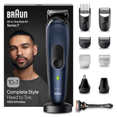 Braun All-In-One Trimmer-Set 7, 10-in-1 Multigroom, Barttrimmer, Nasenhaartrimmer, Haarschneidemaschine für Gesicht, Kopf und Körper, 100 Min. Akku, 14 Längen (3–21 mm), Wasserdicht, MGK7410, Blau