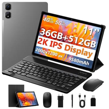 MAXLEGEN Tablet 11 Zoll, 2K FHD, 36GB RAM+512GB ROM/1TB TF, 4G LTE Dual SIM+5G WLAN, 2GHz Octa-Core Android 15 Tablet mit 9580mAh Akku, 13MP, GPS, GMS, Tablets mit Tastatur/Stift/Maus/Hülle