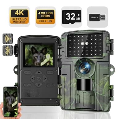Lutranstra Wildkamera, 4K Video Wildtierkamera, 60MP Full HD WLAN mit Handyübertragung APP, Bewegungssensor, Nachtsicht, 0,1s Auslösezeit, Infrarot Wildkamera mit 32GB Speicherkarte &Kartenleser IP66