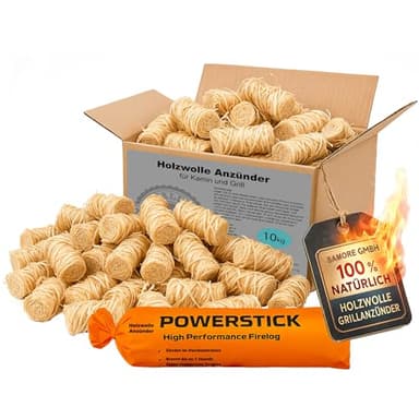 Samore 10 kg Öko (ca. 800 Stck) Kaminanzünder inkl. XXL Powerstick Grillanzünder Anzündwolle Holzwolle Anzünder Zündwolle