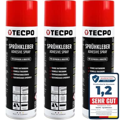 TECPO Sprühkleber 3x 500ml, Industriekleber, Stark haftend, Schnelle Trocknung, Hohe Temperaturbeständigkeit, Vielseitig für Textilien, Leder, Schaumstoffe, Dämmmaterialien, PVC, Papier