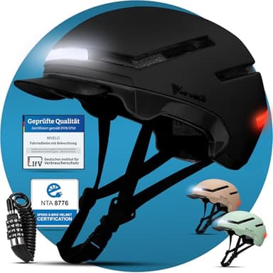 MIVELO Fahrradhelm Damen Herren Erwachsene mit Licht inkl. Helmschloss, NTA Zertifiziert bis 45km/h, Helm geeignet für E-Bike & S-Pedelec, Radhelm Ultraleicht & sicher, Unisex (Schwarz, L (57-61cm))
