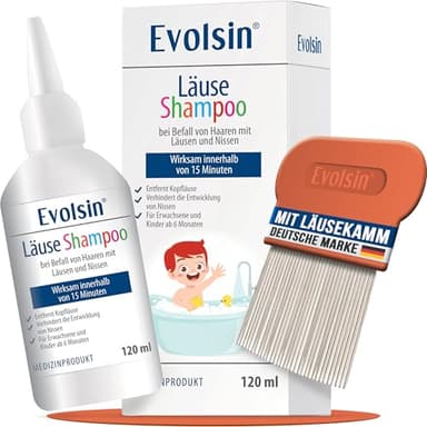 Evolsin® 120ml Läuseshampoo & Läusekamm für Erwachsene & Kinder ab 6 Monaten – bei Befall von Haaren mit Nissen & Kopfläusen – Läusemittel schonend für die Kopfhaut – wirkt in 15 Minuten