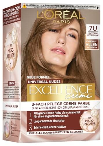 L'Oréal Paris Permanente Haarfarbe für jeden Hautton, Coloration ohne Ammoniak, Universale Nude-Töne mit vollständiger Grauhaarabdeckung, Excellence Creme, Nr. 7U Mittelblond (Blond), 1 Stück