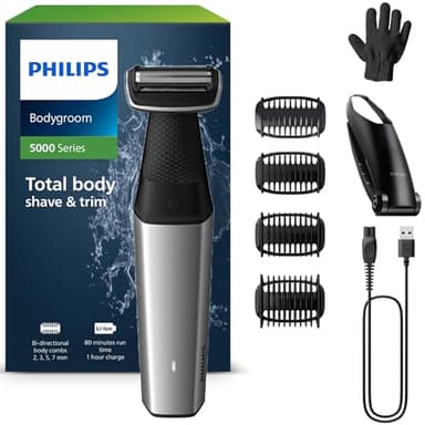 Philips Bodygroom Series 5000, wasserfester Trimmer für Intimbereich und Körper, gründliche und angenehme Rasur, Ganzkörperpflege einschließlich Rücken, 60 Min. Laufzeit, Modell BG5021/16