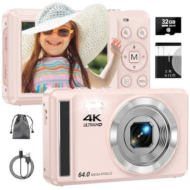Digitalkamera 4K 64 MP mit Autofokus | Tragbare Kompaktkamera mit 32 GB TF-Karte, 1200mAh Batterie und USB-Kabel | Ideal für Kinder, Teenager und Anfänger