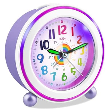 Ayybboo Wecker Kinder Ohne Ticken mit Snooze und Nachtlicht,Kinderwecker Batteriebetrieben Lernwecker für Jungen und Mädchen,Quarz Analog Wecker für Kinder (Regenbogenviolett)