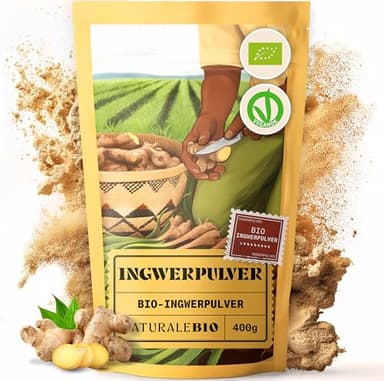 NaturaleBio Ingwerpulver Bio 400g. Ingwer Shot Pulver, 100% reine, Ingwerwurzel gemahlen. Ohne Gentechnik, ohne Zusätze, nachhaltig aus Peru. Ideal für Kochen, Tees, Smoothies & Wellnessbehandlungen