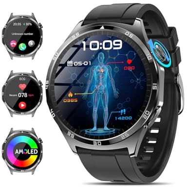 2026 Neu Smartwatch Herren mit EKG/ΒΙυτｚυcker/Harnsäure/BMI Rund 1,43"AMOLED Fitness Gesundheitsuhr mit 24h Blutdruck Herzfrequenz SPO2,Schlaf/Apnoe-Monitor Bluetooth-Anrufe SOS-Notruf für iOS Android