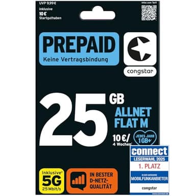 congstar Prepaid ALLNET M SIM-Karte ohne Vertrag I Prepaid-Paket in D-Netz-Qualität I 25 GB +10€ Startguthaben I Telefonie & SMS Flat in alle dt. Netze I EU-Roaming inkl.