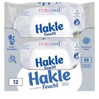 Hakle Feucht ULTRA med im 12er-Pack, 504 Tücher (12 x 42 Blatt), pflegendes feuchtes Toilettenpapier, hautverträgliche feuchte Tücher, schnell wasserlösliche Feuchttücher